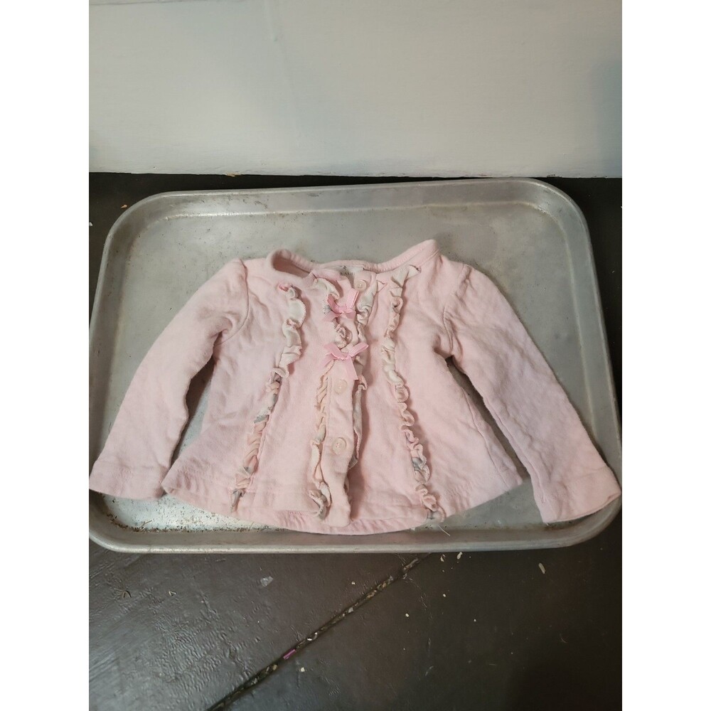 Laura Ashley Girls Pink Long Sleeve Cardigan 6-9 Months with Bows and Ruffles